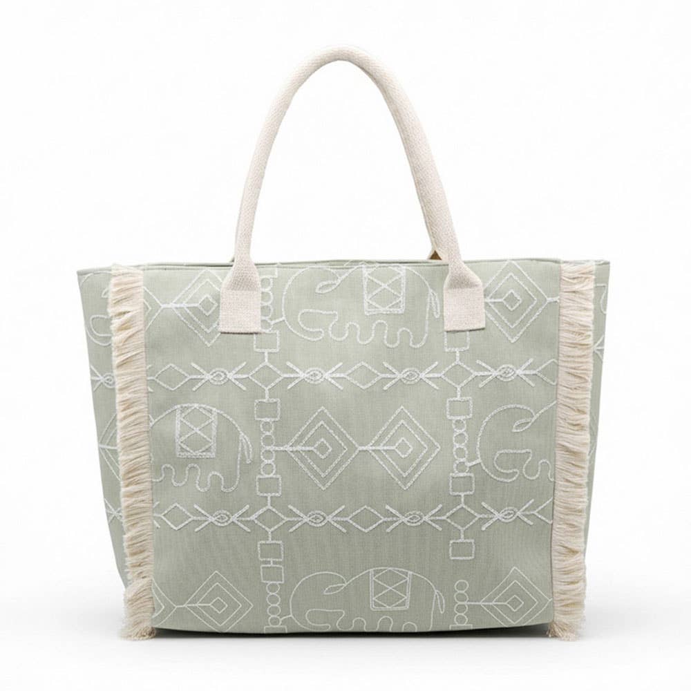 Boho Geometric Elephant Print Fringe Tote Bag: Pink