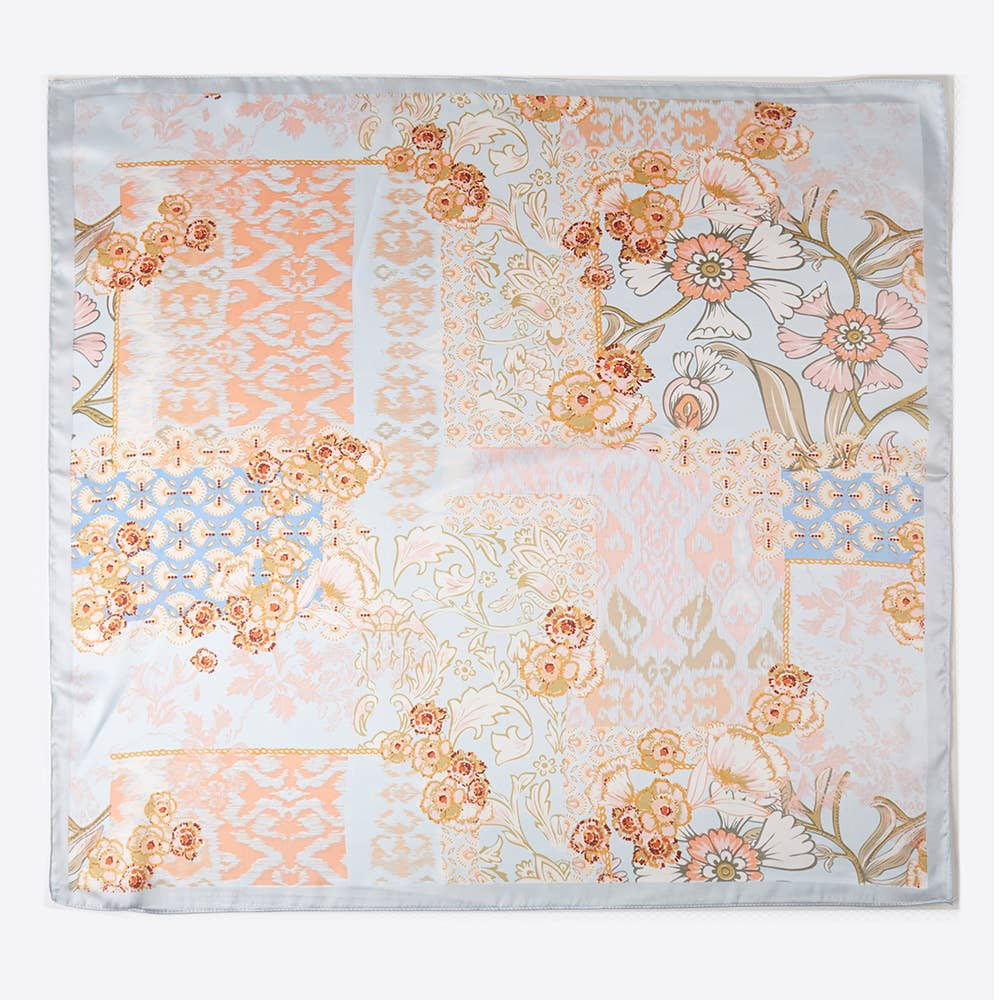 Pastel Floral Patchwork Printed Square Silky Satin Scarf: AQ