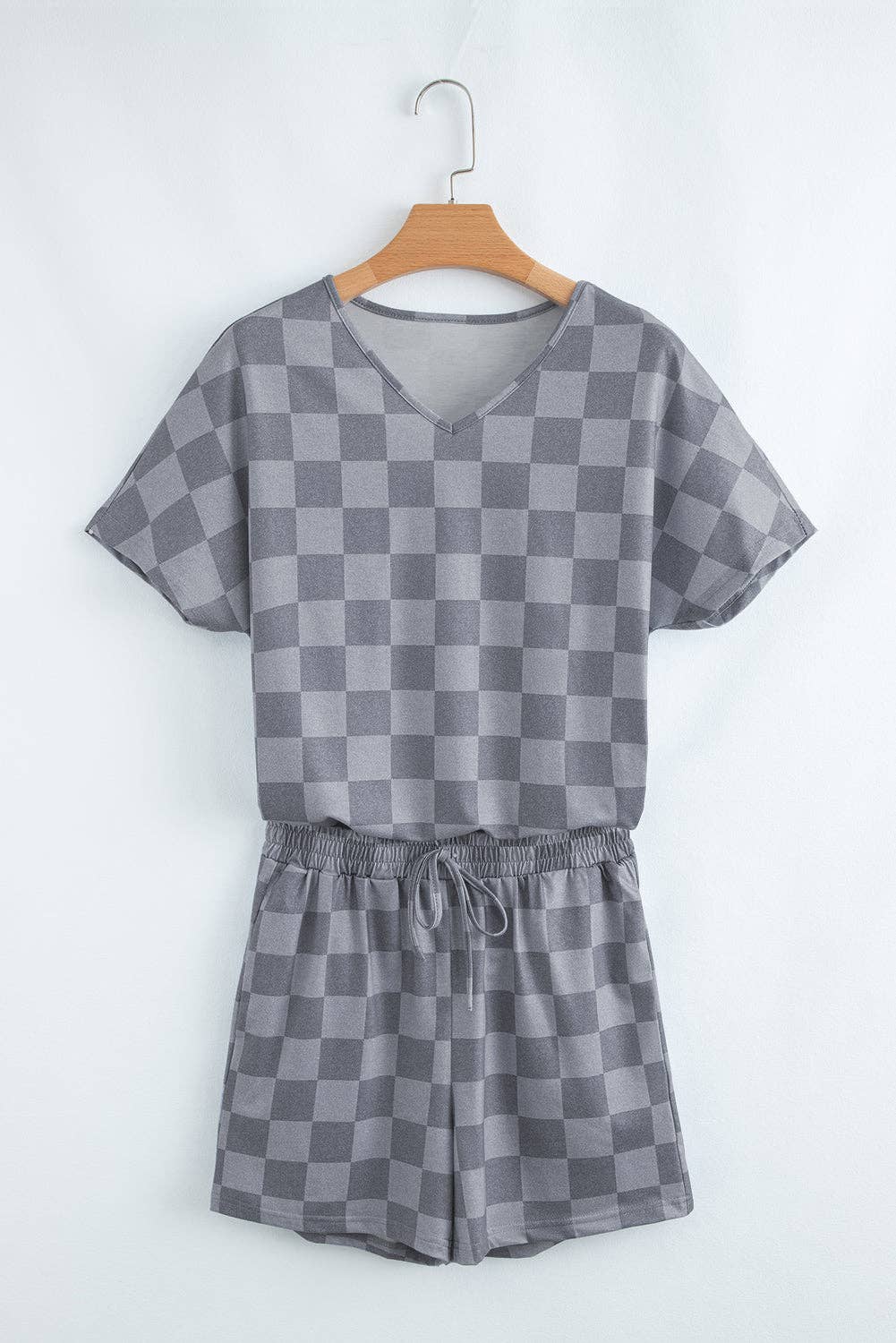 Beige Checkered Lounge Set V Neck Tee Shorts: Beige / 95%Polyester+5%Elastane / L