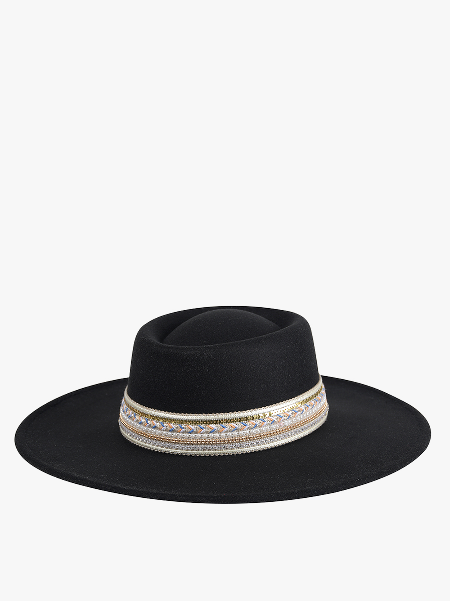 HAT2188 Blaze Multi Trim Wide Brim Fedora: Black