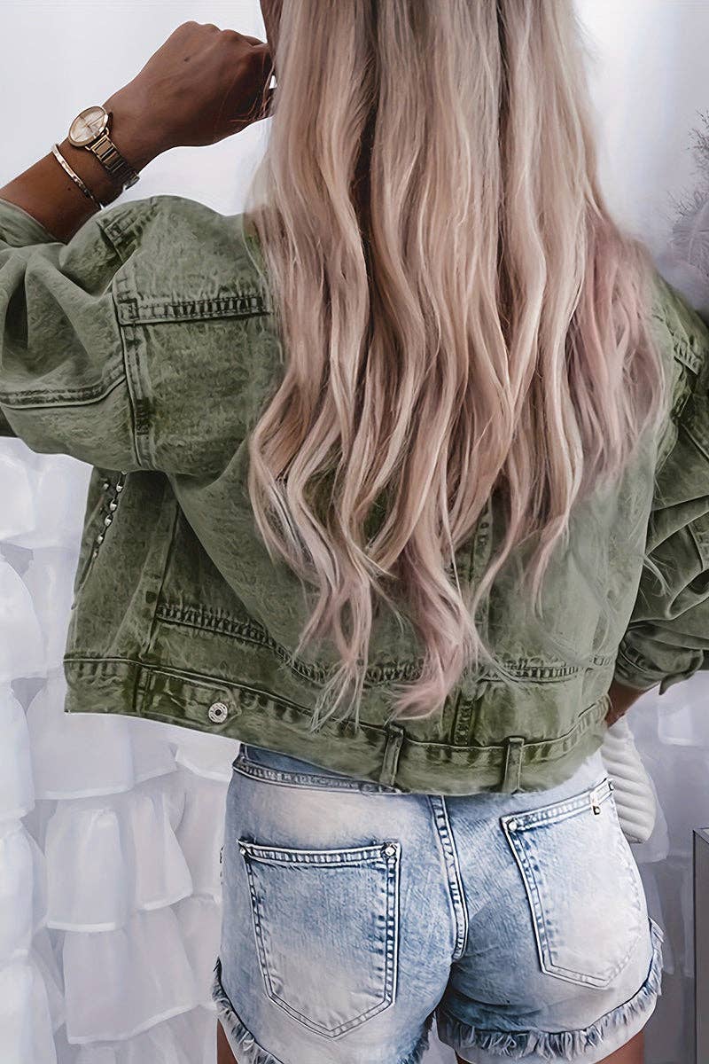 Studded Denim Jacket with Button Accents: PINK / S