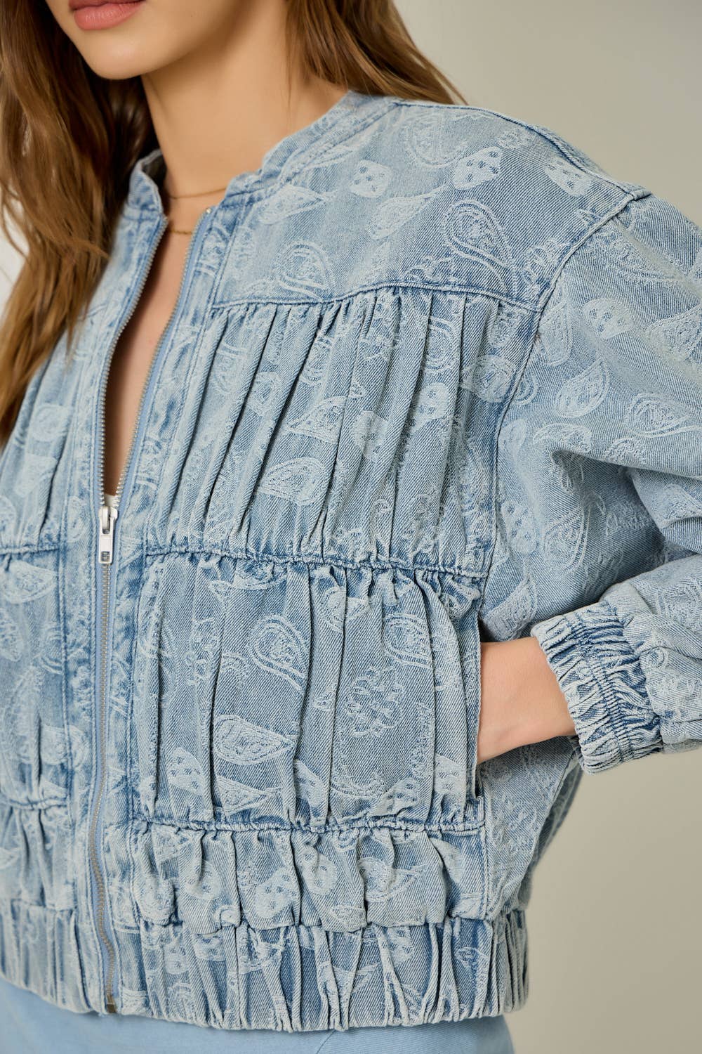 Ruched Denim Bomber Jacket