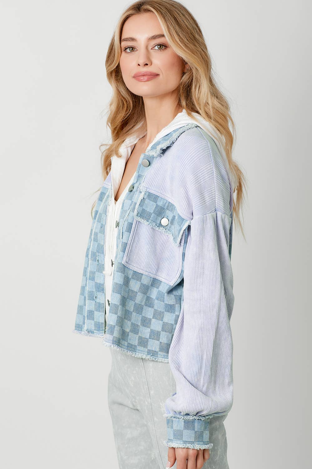 60634 Mixed Media Balloon Sleeve Jacket : Off White Mix / Small