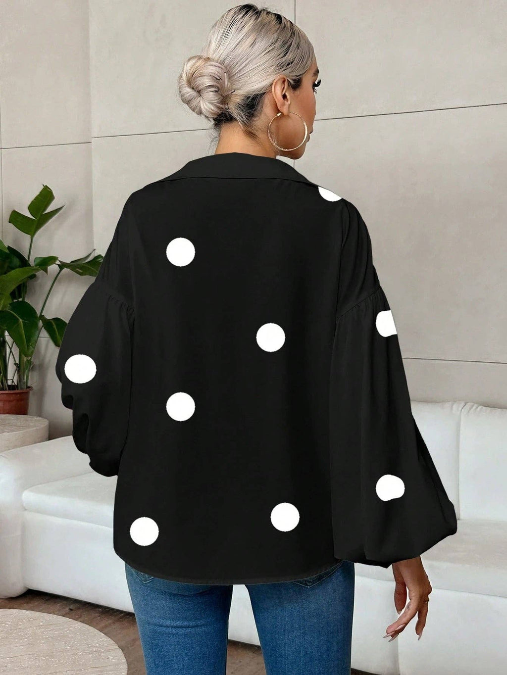 Women’s Lantern Sleeve V Neck Blouse Elegant Casual Top: White / 100% Polyester / S