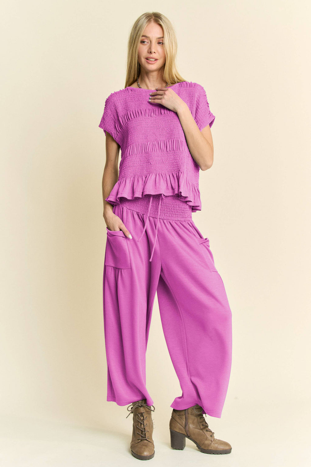 RUFFLE CAP SLEEVE TOP AND WAISTBAND PANTS SET: INDIGO BLUE / S