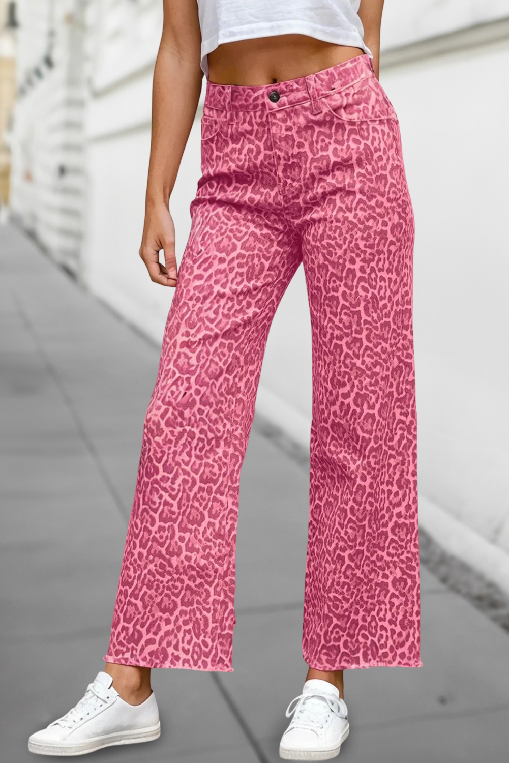 Leopard Frayed Edge Wide Leg High Waist Jeans | 4-16: As shown / Missy / 4