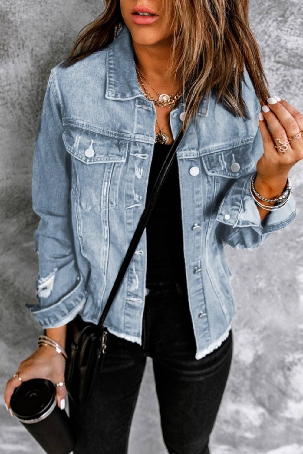 Lapel Distressed Raw Hem Buttons Denim Jacket (S-2XL): Blue / Missy / S