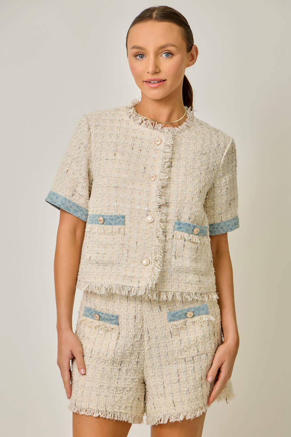 Short Sleeve Fringed Tweed Jacket
