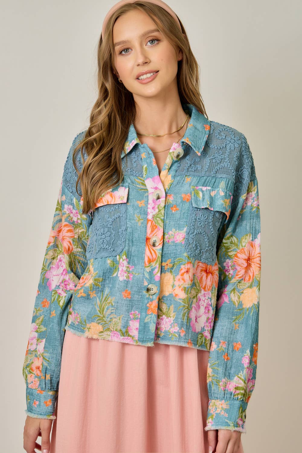 61438 Floral Mixed Media Jacket: White Mix / Large