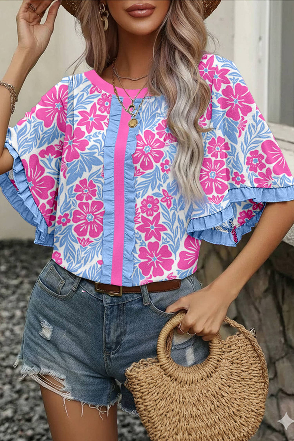 Floral Print Frill Contrast Trim S/S 26 Blouse | S-XL: Sky Blue / L