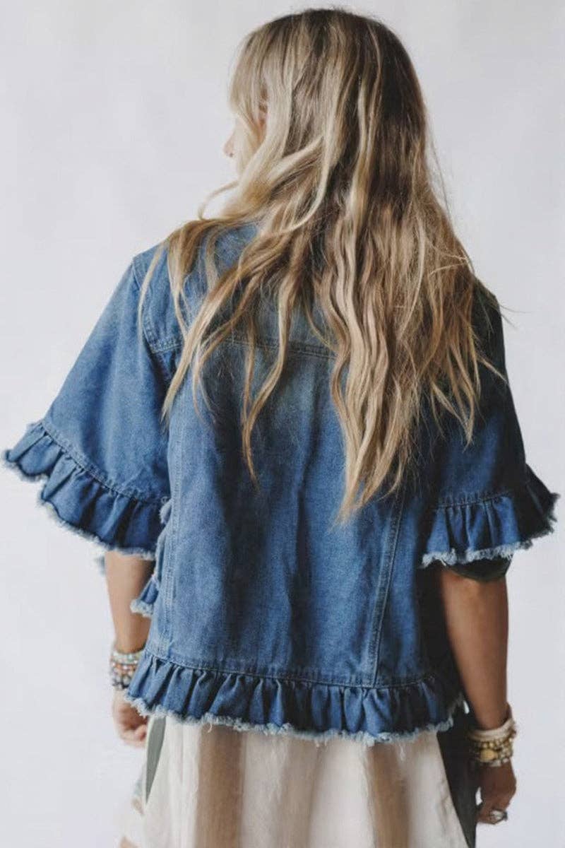 Frayed Hem Denim Jacket: BLUE / L