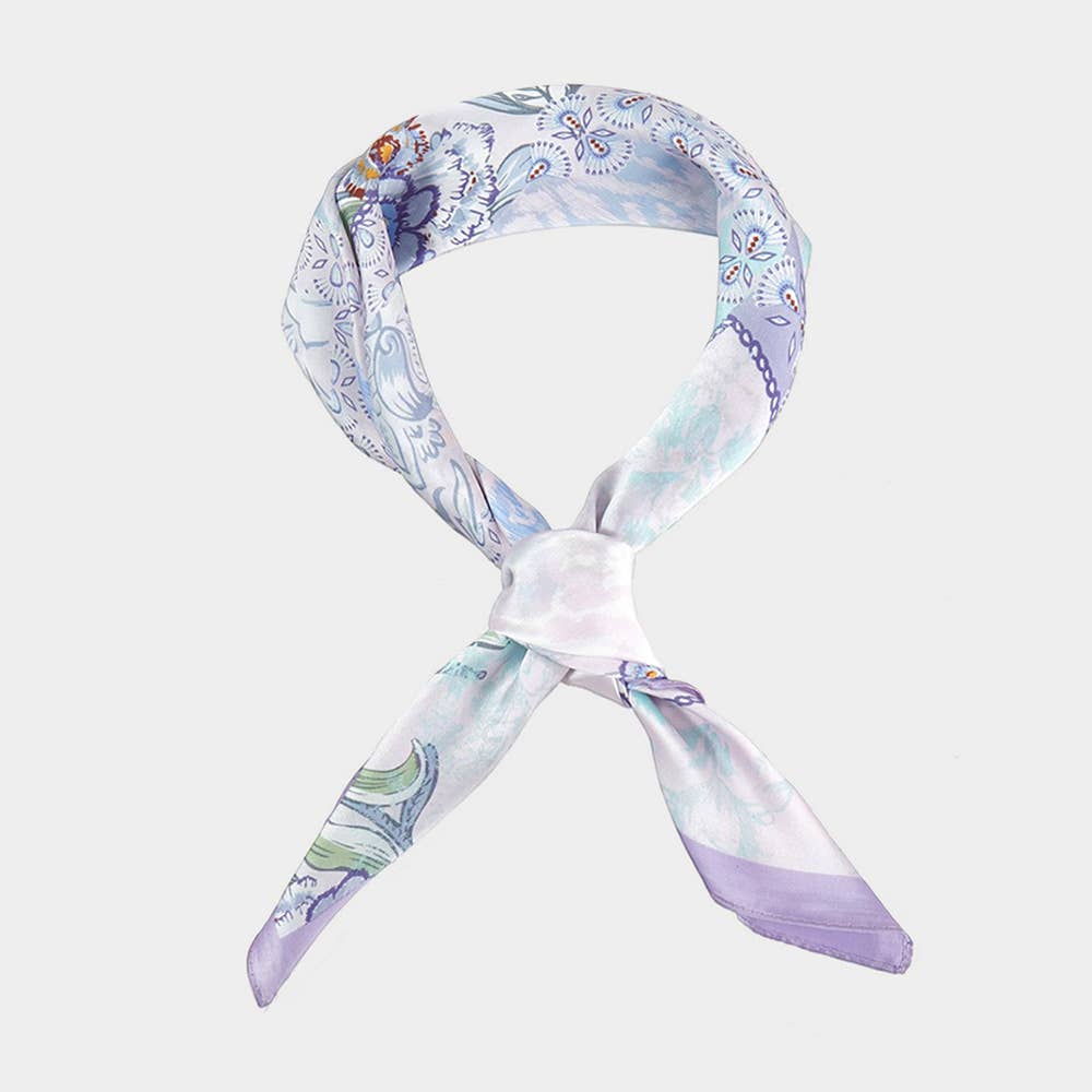 Pastel Floral Patchwork Printed Square Silky Satin Scarf: AQ