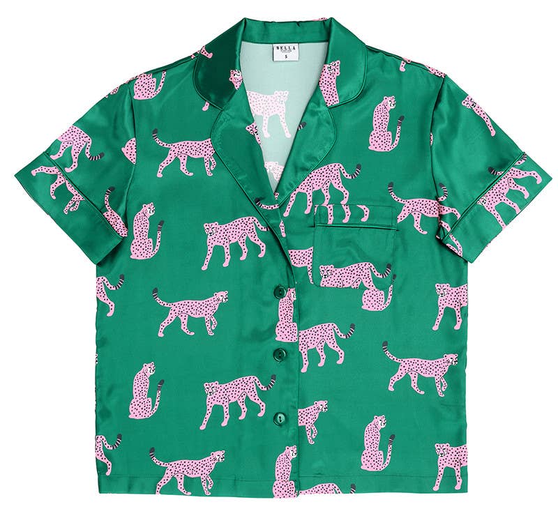 Green Cheetah Shorts PJ Set with Velvet Tie