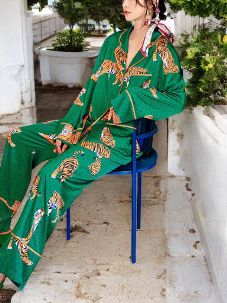 Satin Tiger Print Pajama Set: Green / L