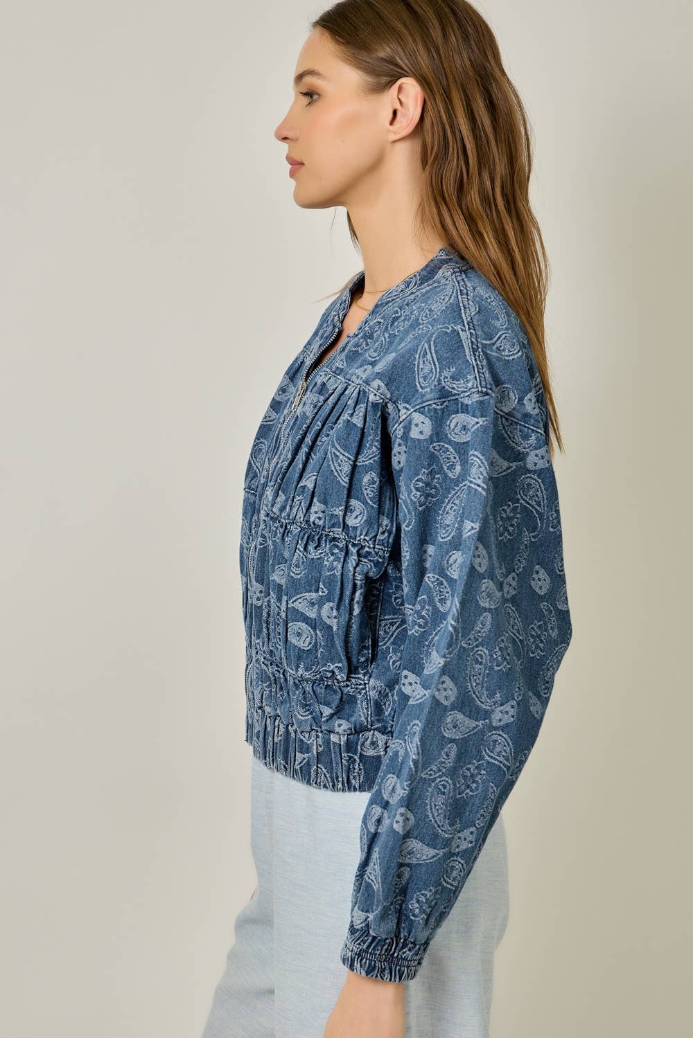 61362 Ruched Denim Bomber Jacket: Light Denim Blue / Small
