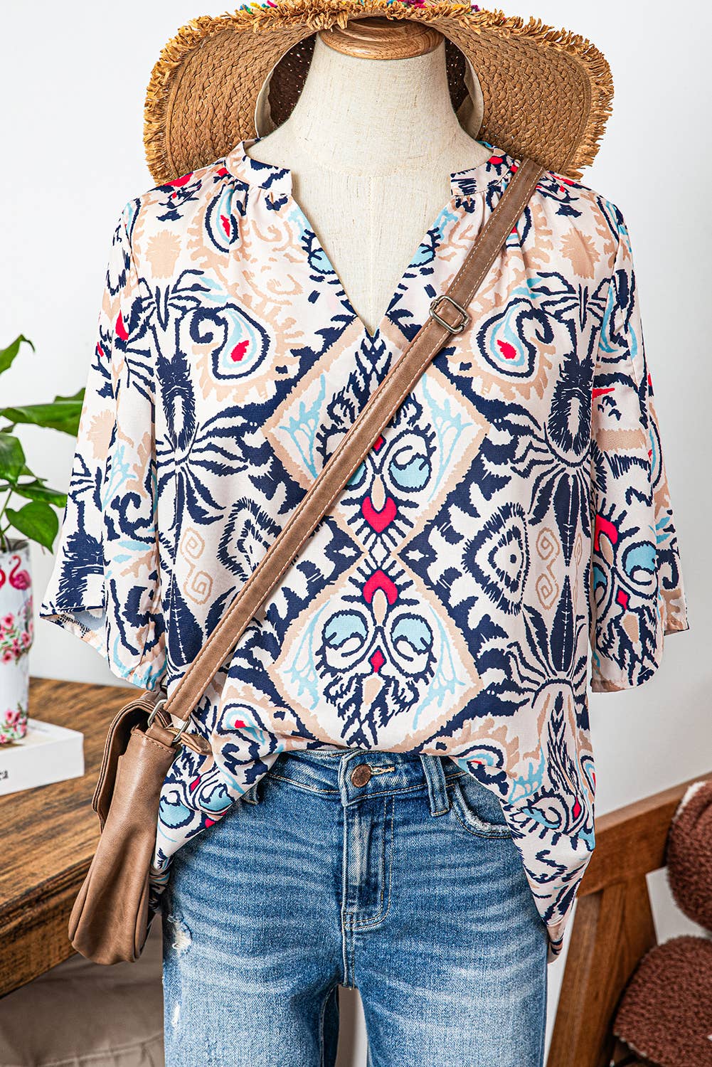 Boho Abstract Notch Split Half Sleeve Blouse
