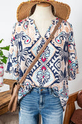 Fashion-W Boho Abstract Notch Split Half Sleeve Blouse: AS SHOWN / Missy / S