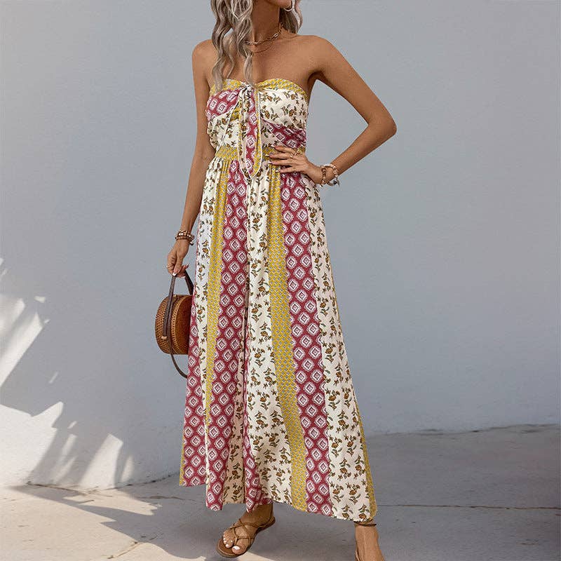 Boho Strapless Smocked Jumpsuit with Wide-Leg Flare Pants: Apricot / 100%Viscose / S