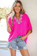 Rose Leopard Trim V Neck Dolman Sleeve Blouse Loose Fit Top: Rose Red / 100%Polyester / L