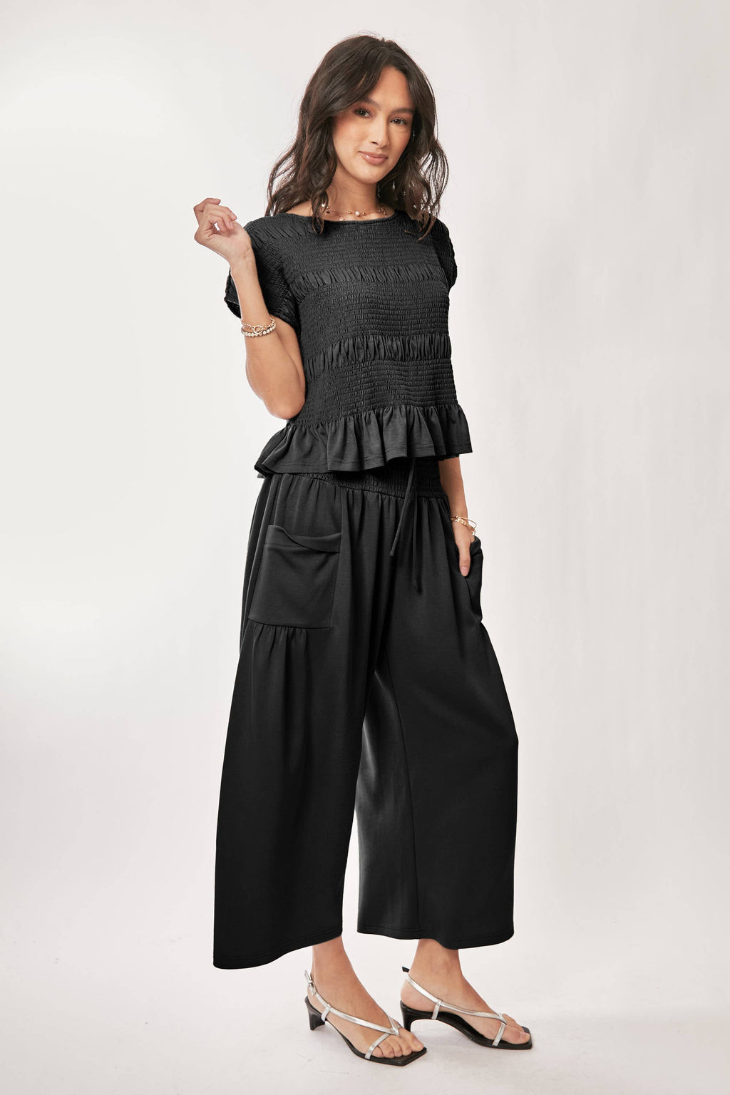 RUFFLE CAP SLEEVE TOP AND WAISTBAND PANTS SET: INDIGO BLUE / S