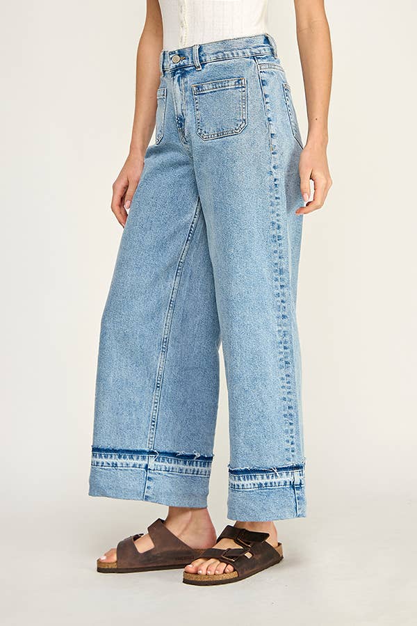 WIDE LEG CUFFED DENIM JEANS: DENIM BLUE / M