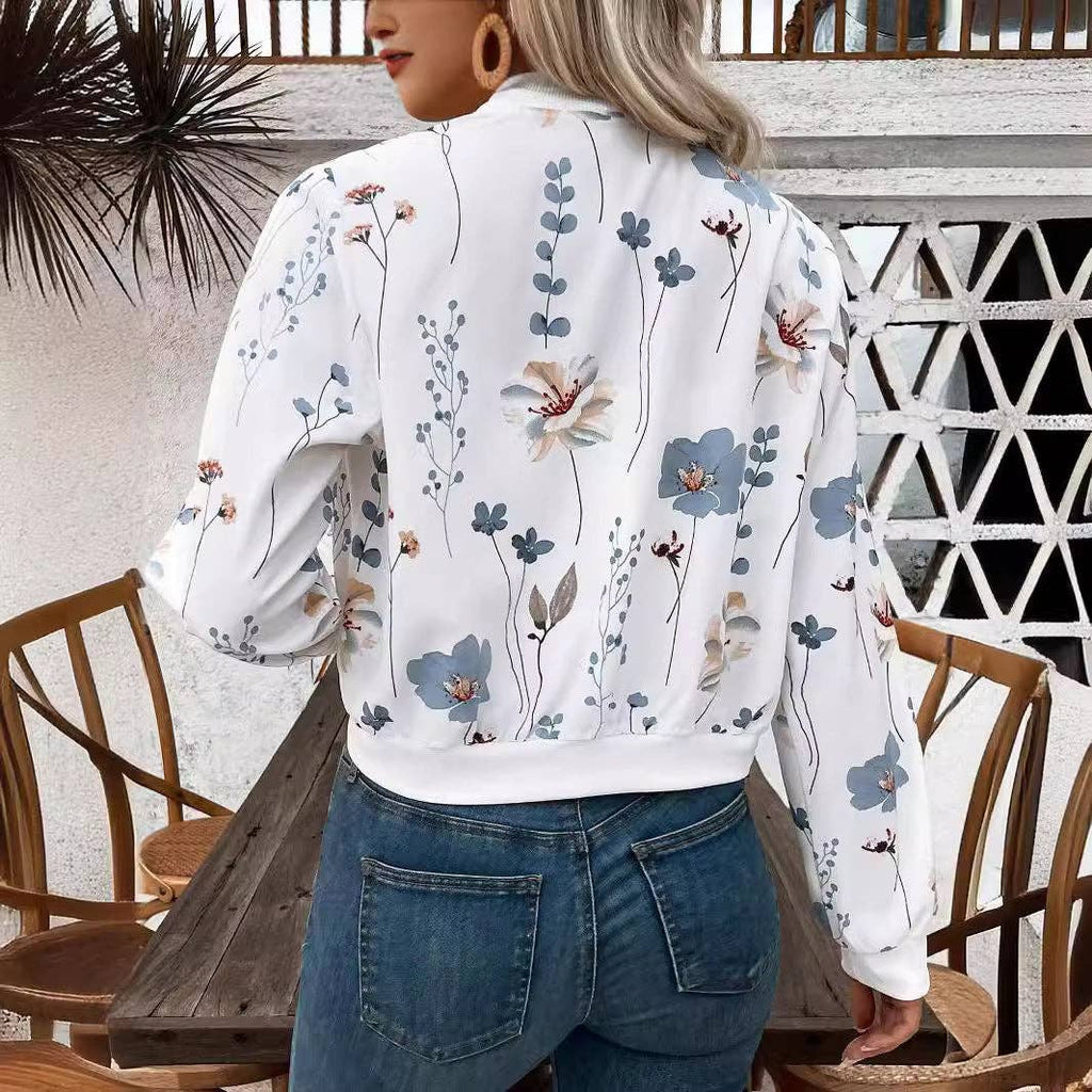 Floral Zip Up Bomber Jacket with Ribbed Trim: White / 100%Polyester / S