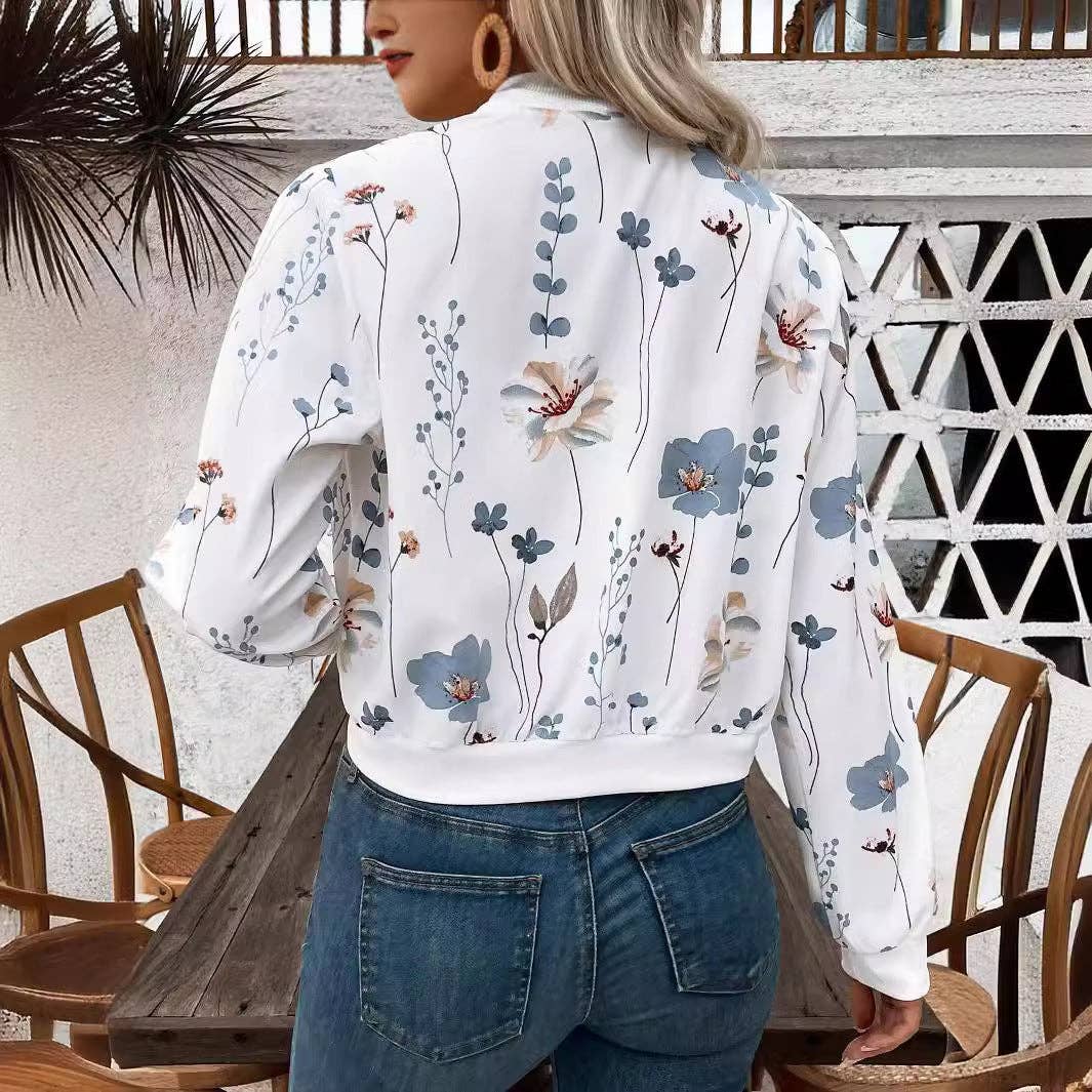 Floral Zip Up Bomber Jacket with Ribbed Trim: White / 100%Polyester / S