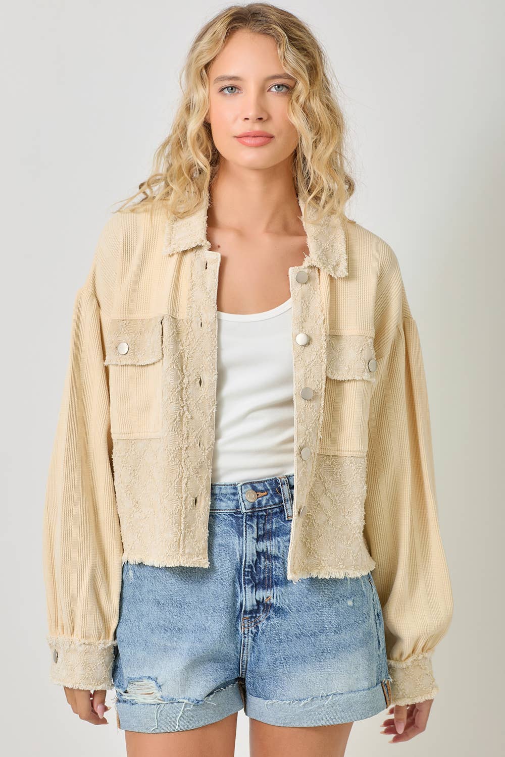 60634 Mixed Media Balloon Sleeve Jacket : Off White Mix / Large