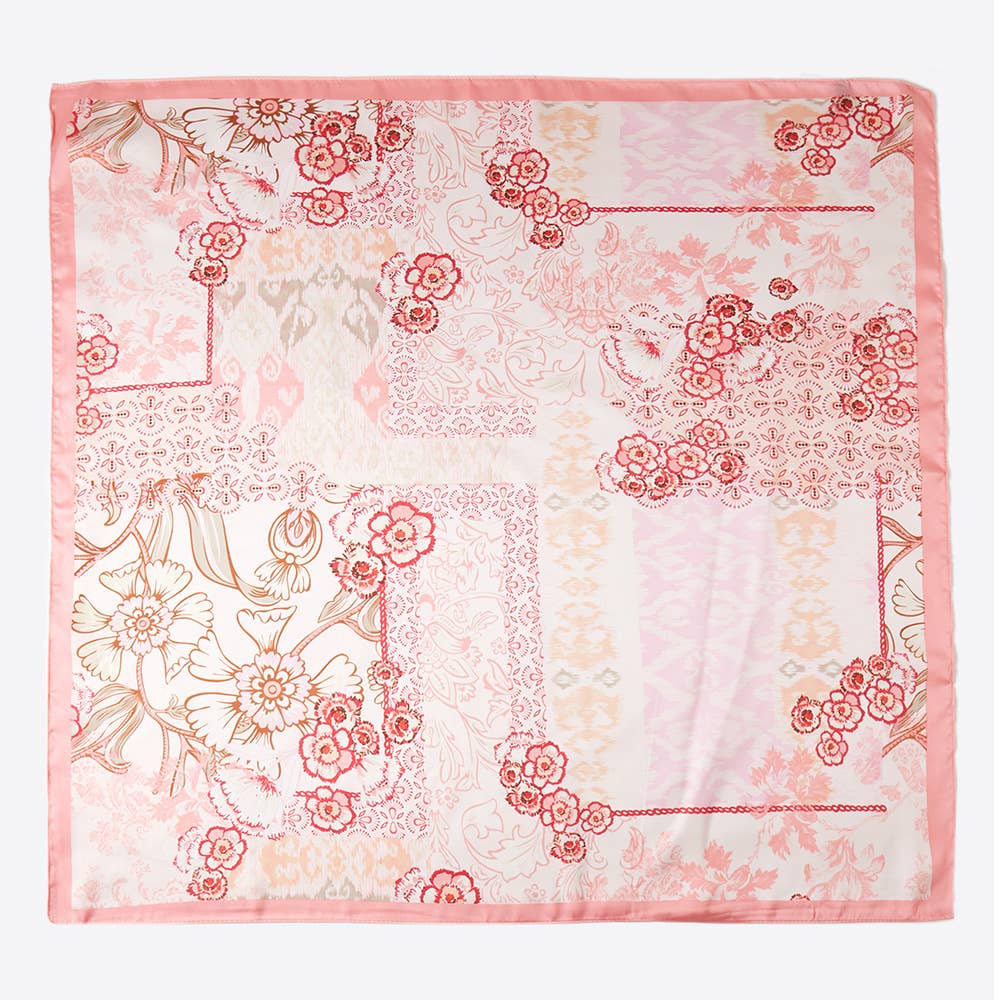 Pastel Floral Patchwork Printed Square Silky Satin Scarf: AQ