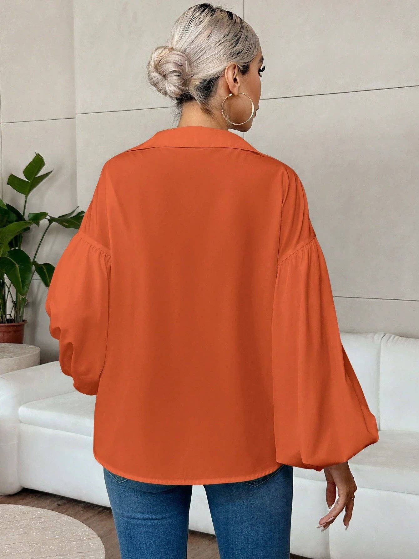 Women’s Lantern Sleeve V Neck Blouse Elegant Casual Top: White / 100% Polyester / L