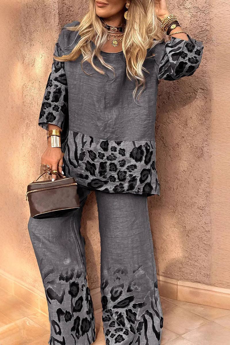 Leopard Print Two-Piece Set: KHAKI / L