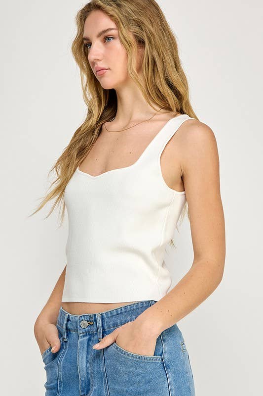 SQUARE NECK RIBBED SWEATER TANK TOP : Off White / L
