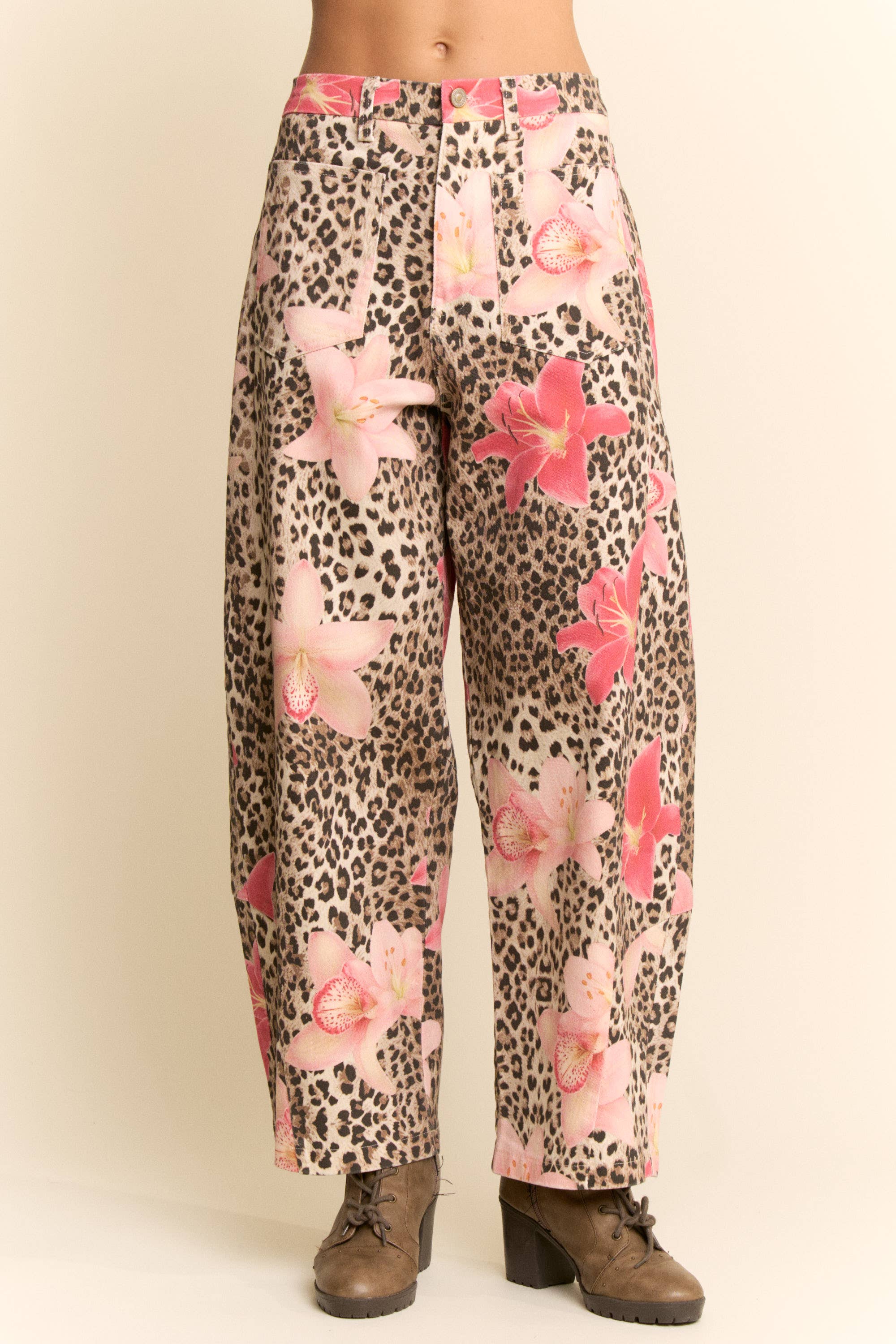 LEOPARD FLORAL PRINT RELAXED WIDE LEG PANTS: LEOPARD FLORAL / S