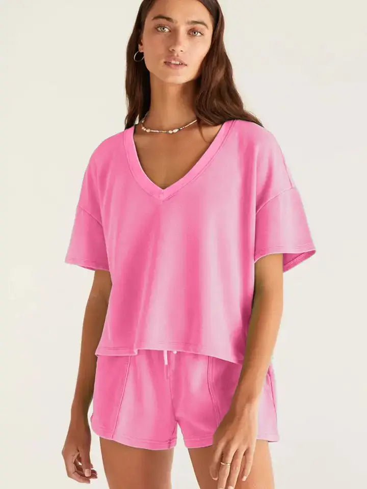 Women’s V-Neck Tee and Drawstring Shorts Lounge Set: Bonbon / 70%Polyester+25%Cotton+5%Elastane / M
