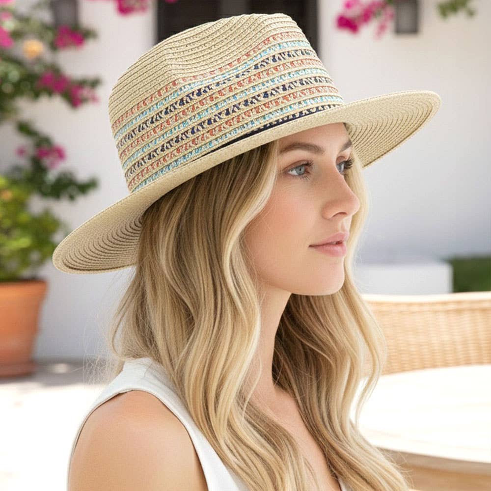 Ribbon Band Multicolor Woven Straw Summer Fedora Hat
