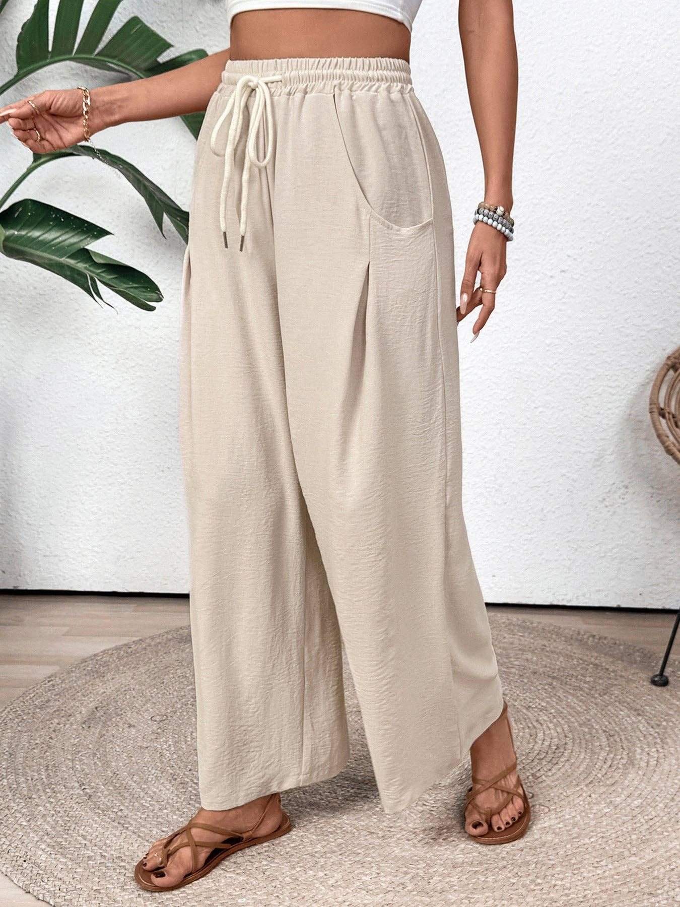Women’s Drawstring Wide Leg Pants Casual Vacation: Apricot / 100%Polyester / S