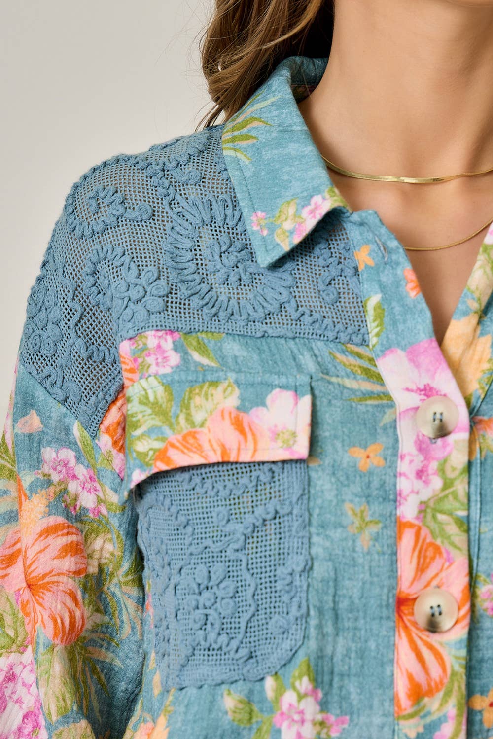 61438 Floral Mixed Media Jacket: White Mix / Large