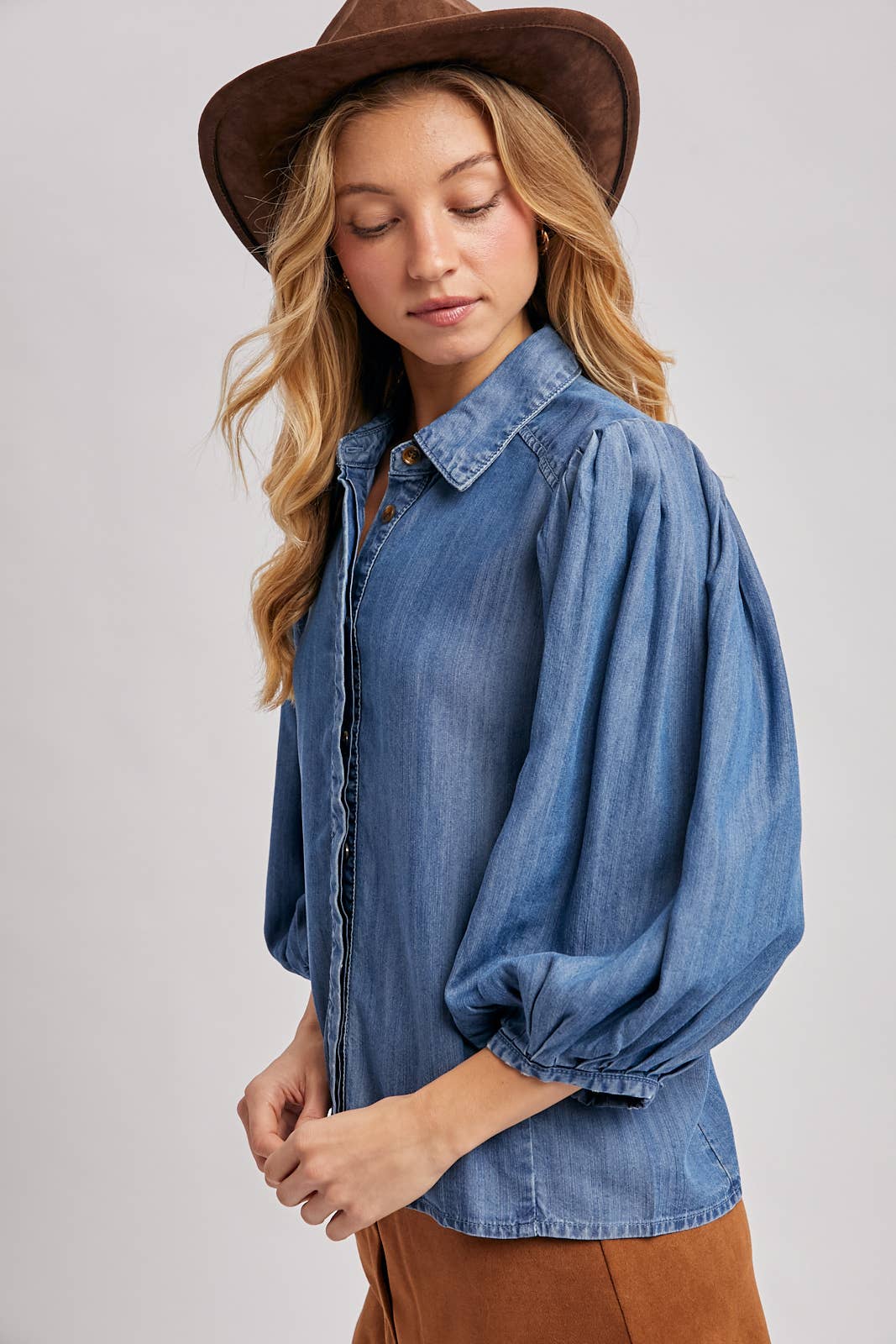 Denim Button Down Puff Sleeve Shirt