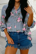 Floral Print Button Up 3/4 Sleeve Denim Shirt | S-XL: Blue / S