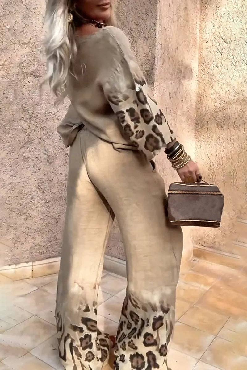 Leopard Print Two-Piece Set: KHAKI / S