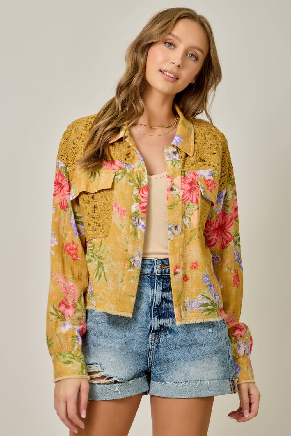 61438 Floral Mixed Media Jacket: White Mix / Large