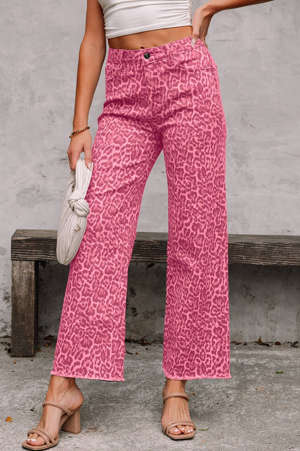 66 Western Leopard Love Edge Wide Leg High Waist Jeans: Light Gray / 14