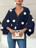 Women’s Lantern Sleeve V Neck Blouse Elegant Casual Top: Navy Blue Polka Dots / 100% Polyester / S