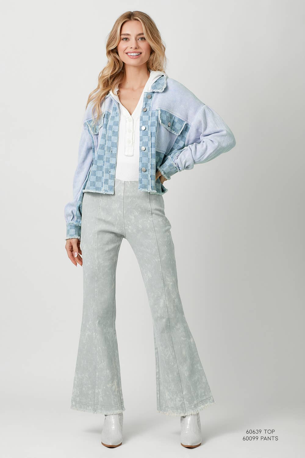 60634 Mixed Media Balloon Sleeve Jacket : Off White Mix / Small