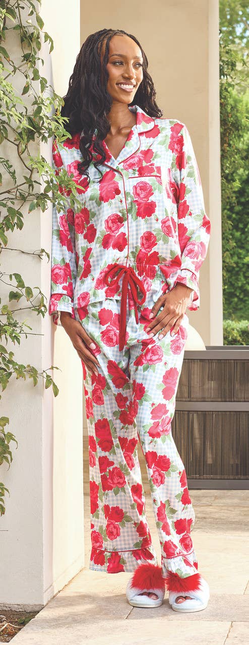 Ruffled PJ Set with Velvet Tie - Blue Gingham + Red Roses: Small