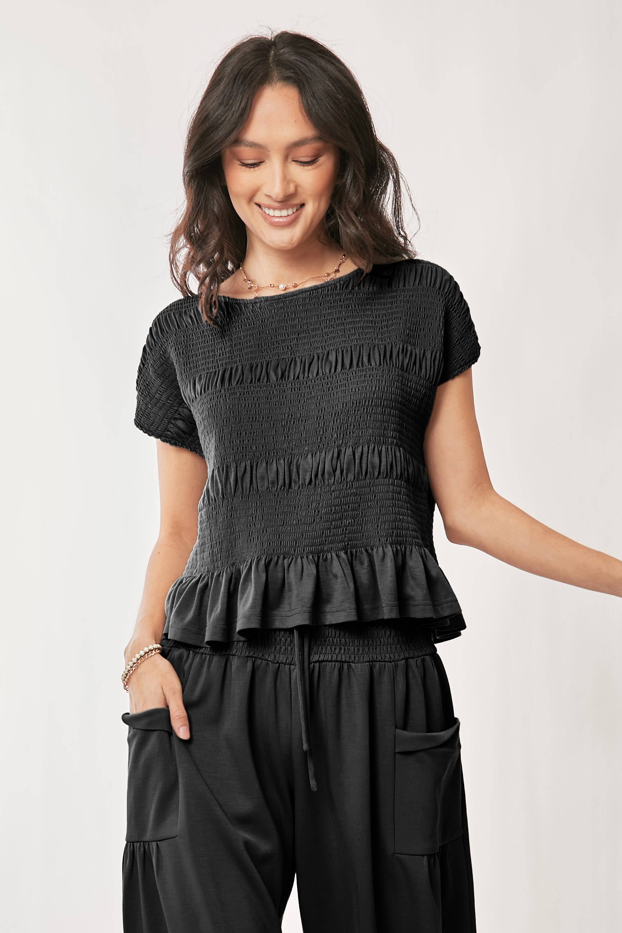 RUFFLE CAP SLEEVE TOP AND WAISTBAND PANTS SET: INDIGO BLUE / L