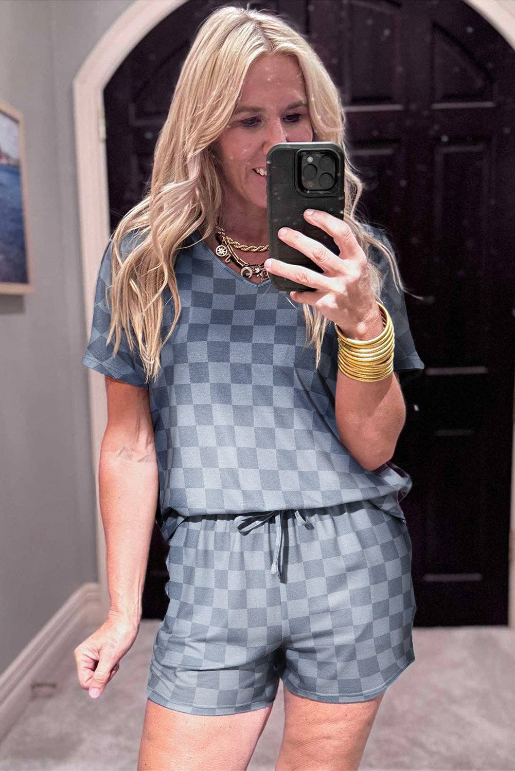Beige Checkered Lounge Set V Neck Tee Shorts: Beige / 95%Polyester+5%Elastane / S