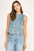 BUTTON FRONT DENIM VEST TOP: DENIM BLUE / L