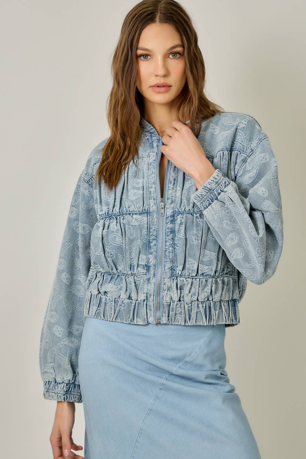 61362 Ruched Denim Bomber Jacket: Light Denim Blue / Large