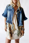 Frayed Hem Denim Jacket: BLUE / L